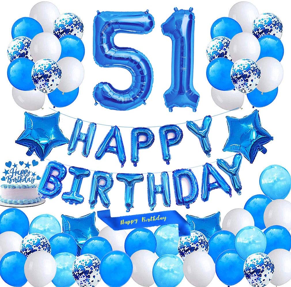 Blue 51st Birthday Decoration Happy Birthday Banner Number 51 Balloons Blue Happy Birthday Sash Cake Topper Latex Confetti Balloons for Boys Men 51 and 15 Years Old Birthday Party supplies Minhero – Homefurniturelife Online Store