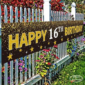 Large Bday Wall Decor Signs 6X3.6 Ft Ushinemi Happy 16th Birthday Backdrop 16 Years Old Birthday Banner Party Decorations Gold and Black
