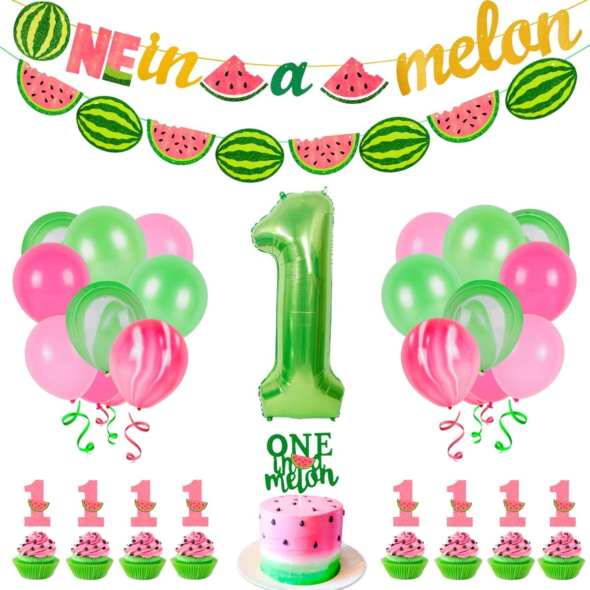 One in a Melon Balloons Watermelon 1st Theme First Fruit Birthday Banner Party Supplies Decorations 