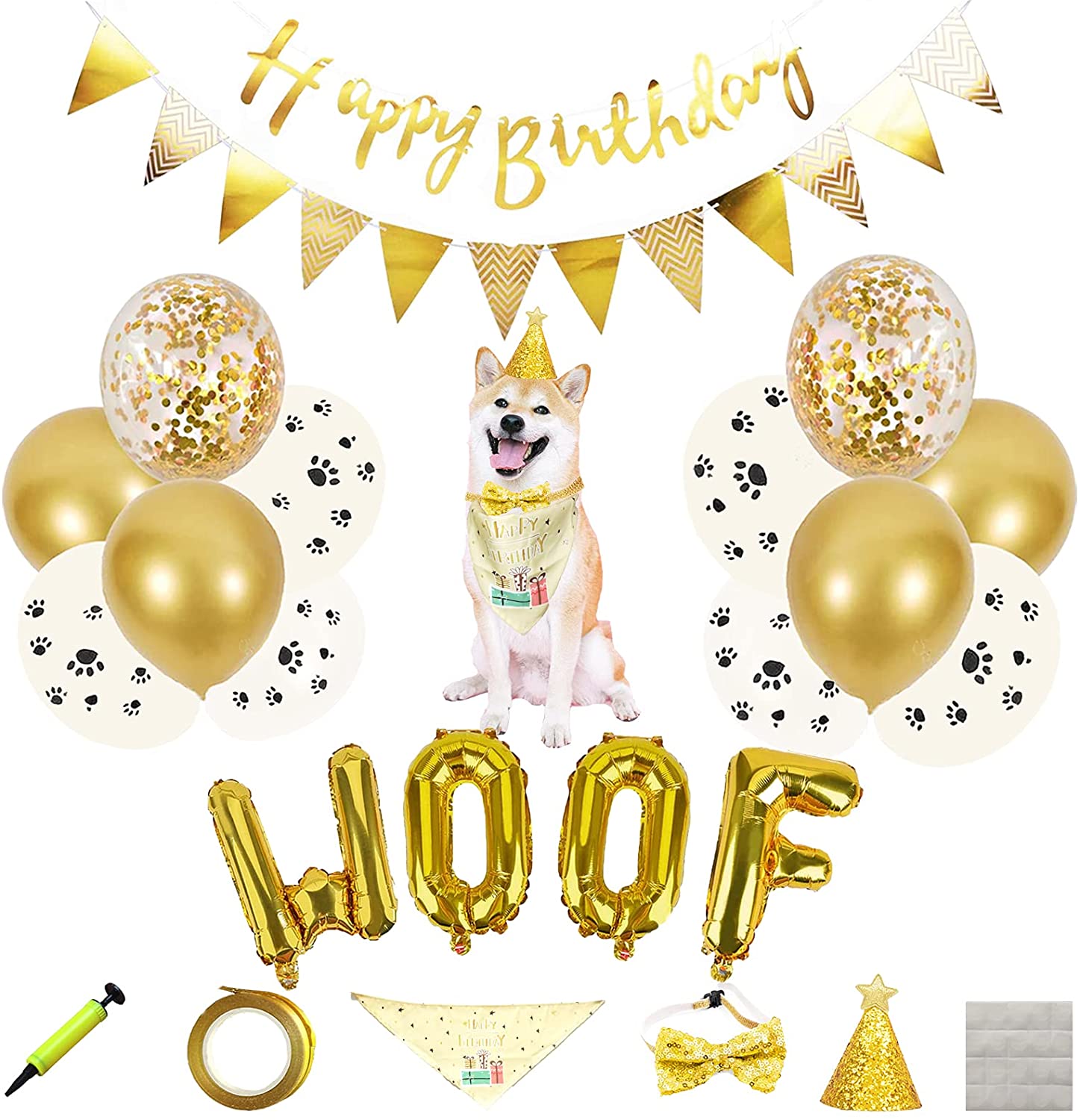 Dog Birthday Party Supplies Large Dog Bandana Party Decorations Set with Balloons,Birthday Hat,Bow Tie,Happy Birthday Banner,Birthday Number Candle for Dog 1st Birthday Girl Party 