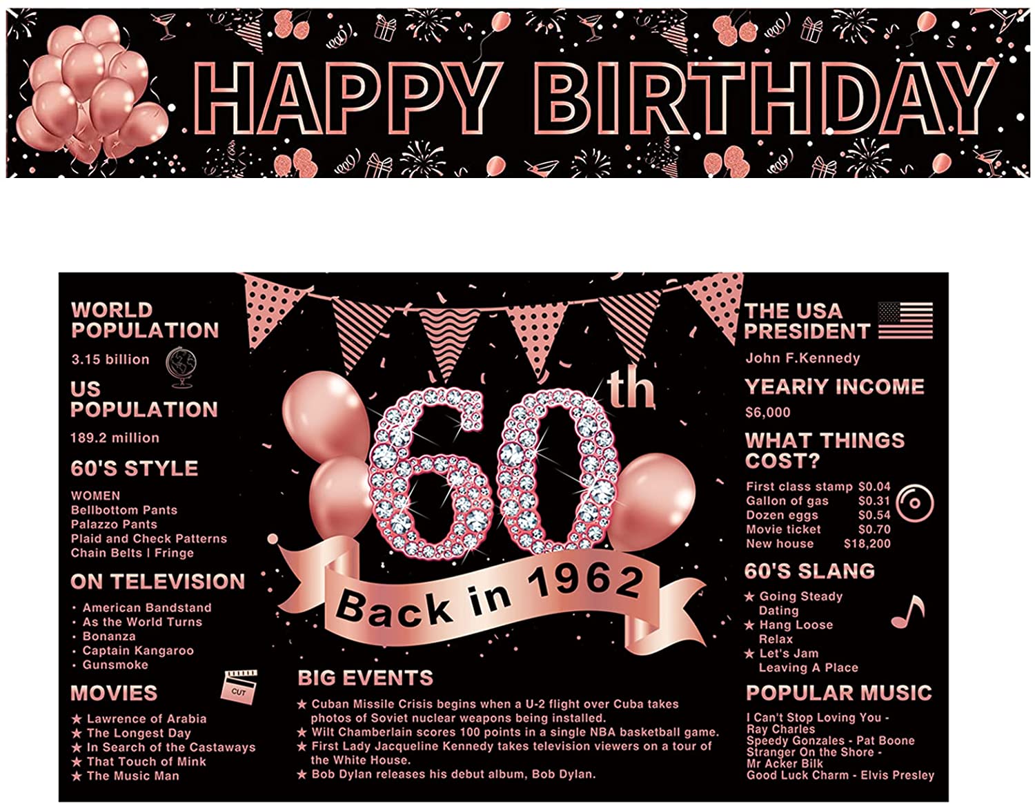 60th Birthday Banner Decorations Kit, Rose Gold 60th Birthday Party ...