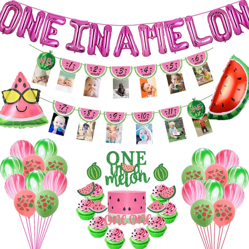 One in a Melon Photo Banner Watermelon 12 Month Photo 1st Birthday Party Supplies Decorations Summer Fruit Themed Baby Girl First Summer Decor 