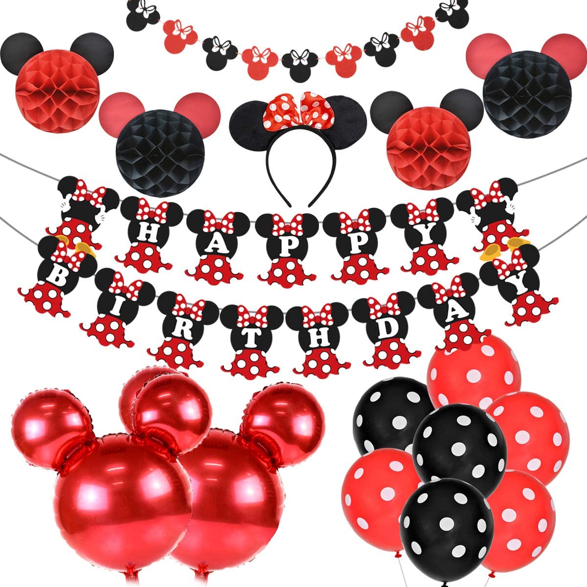 and Polka Dot Balloons Minnie Mouse Birthday Decorations Red and Black for Girls with Happy Birthday Banner Garland Headband 