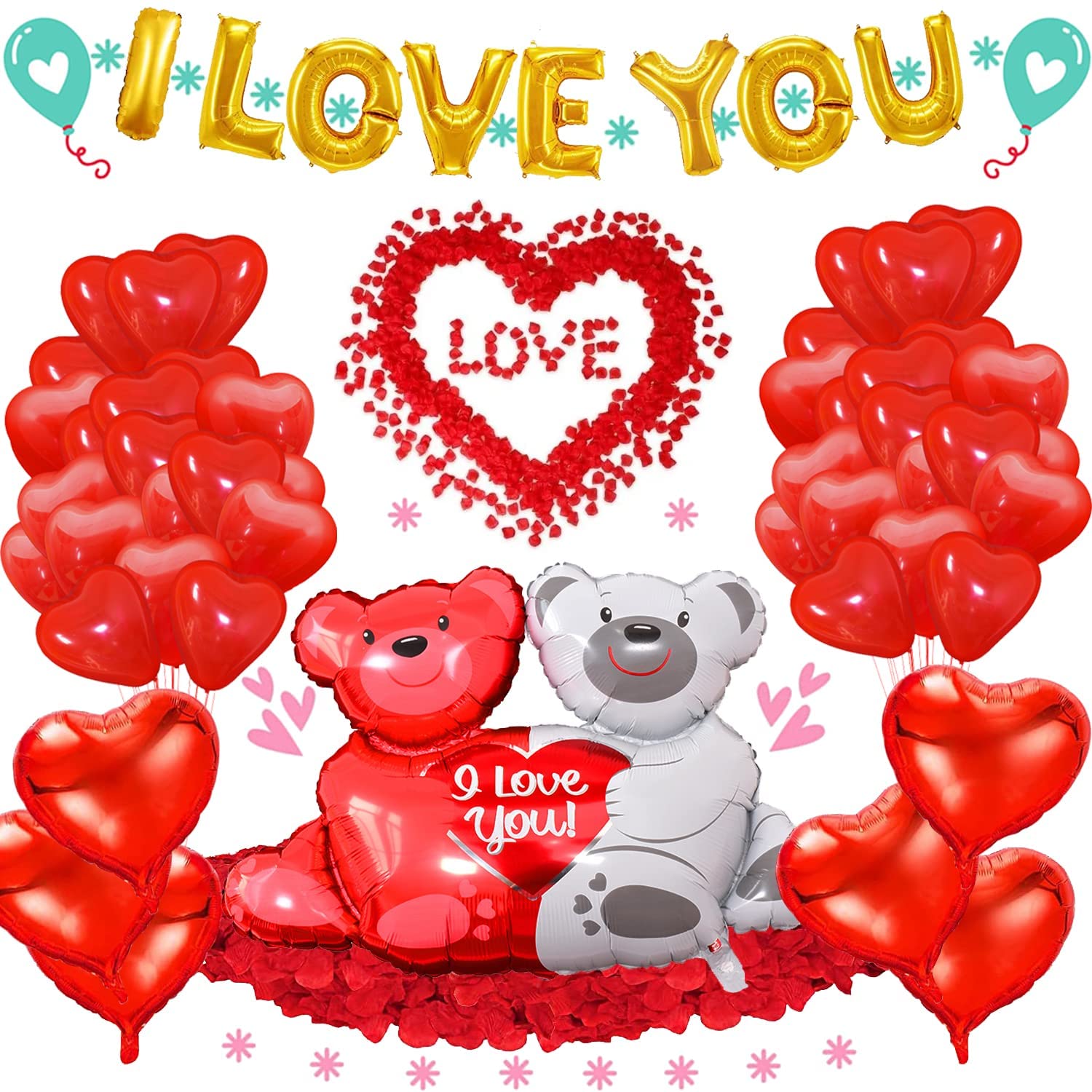 Valentines Day Balloons Decorations I Love You Balloons and Heart Balloons  Kit with 1000Pcs Red Silk Rose Petals Flower Decoration Love-Bear Heart