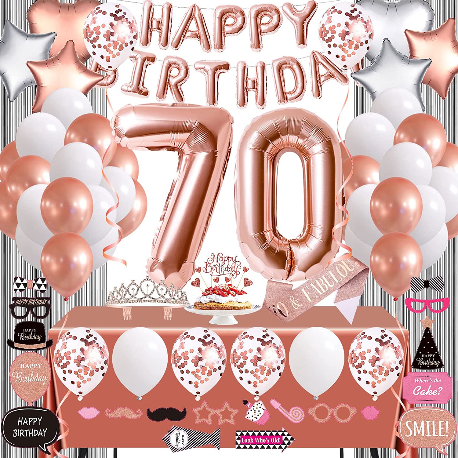 Rose Gold 70th Birthday Decorations for Women, 70 Birthday Party Supplies for Her including Happy Birthday Balloons, Fringe Curtain, Tablecloth, Photo Props, Foil Balloons, Sash and Tiara – Homefurniturelife Online Store