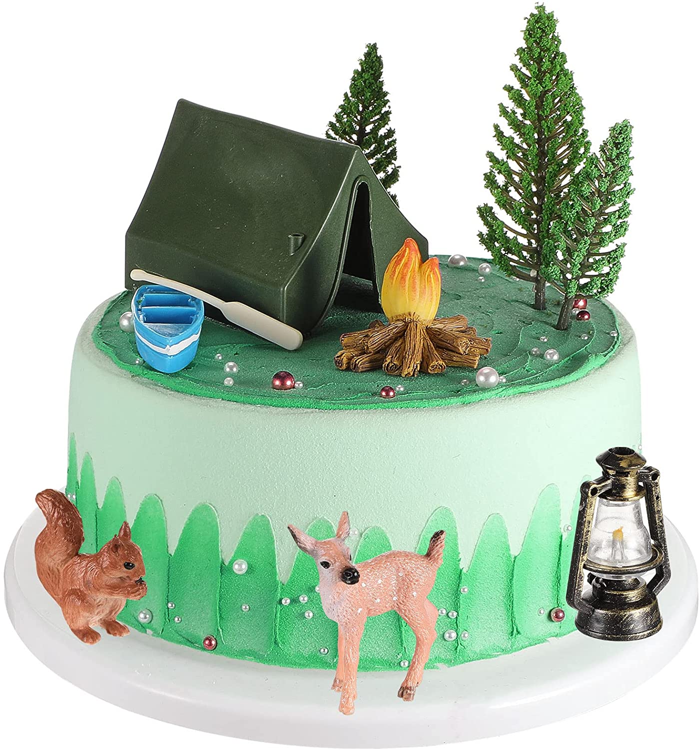 Lukinuo 13pcs Camping Cake Topper Fireside Camp DecoSet Tent Bonfire Canoe Tree Squirrel Deer Figures Camping Cake Decoration for Happy Camper Forest Summer Camping Picnic Hiking Adventure Theme Party 
