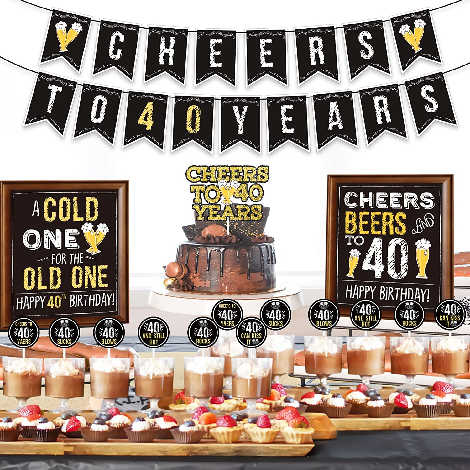 Cheers to 40 Years Birthday Decoration for Men, 40th Birthday Party Decorations Cheers & Beers to 40 Years Banner Cake Topper Birthday Sign for 40th Birthday Gifts 40th Anniversary Party Supplies –