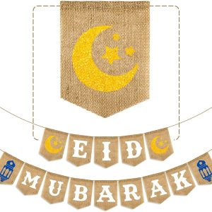 1 pc Bunting Banner Linen EID MUBARAK Star Moon Burlap Banner for Muslim Ramadan 