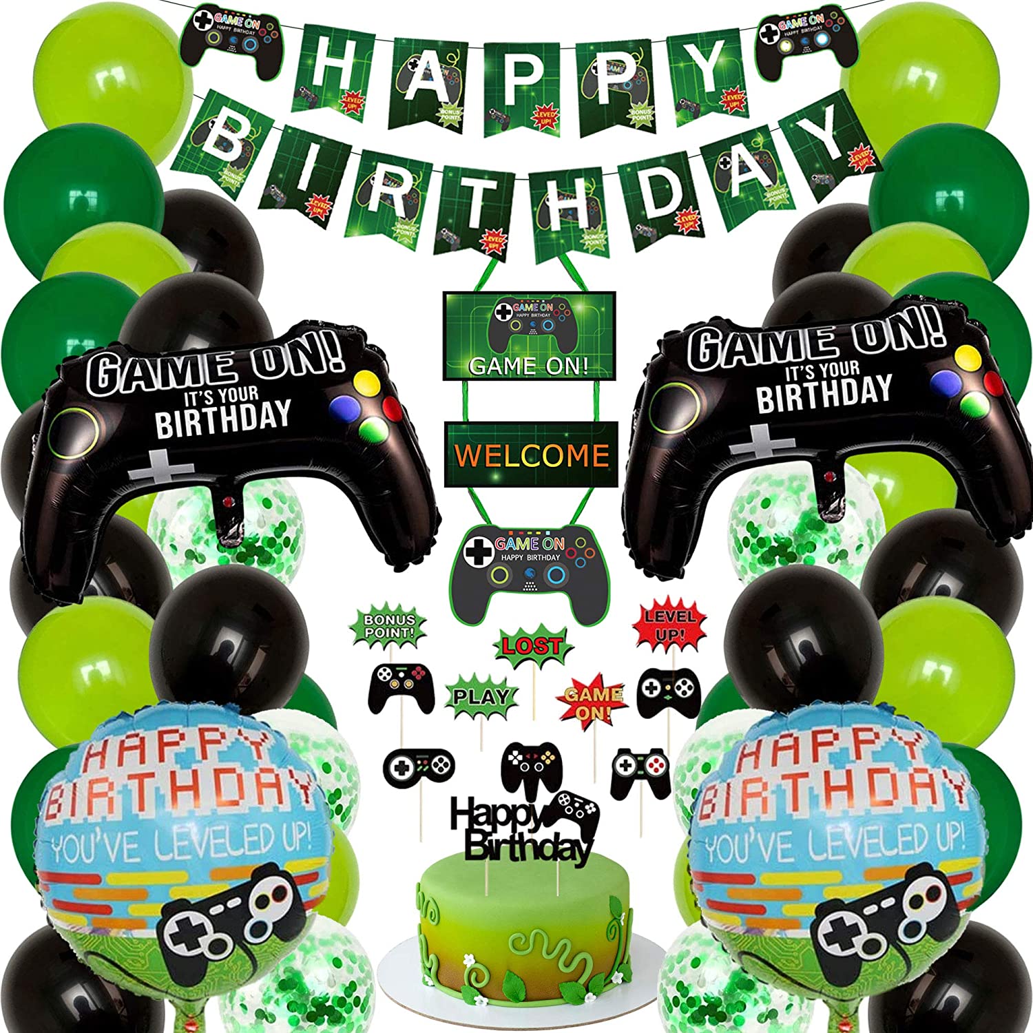 58 Pieces Video Game Party Supplies Happy Birthday Gaming Banner Video Game Party Balloons Welcome Hanging Decor Game Themed Hanging Swirls Cake Flags for Kids Boys Birthday Party 