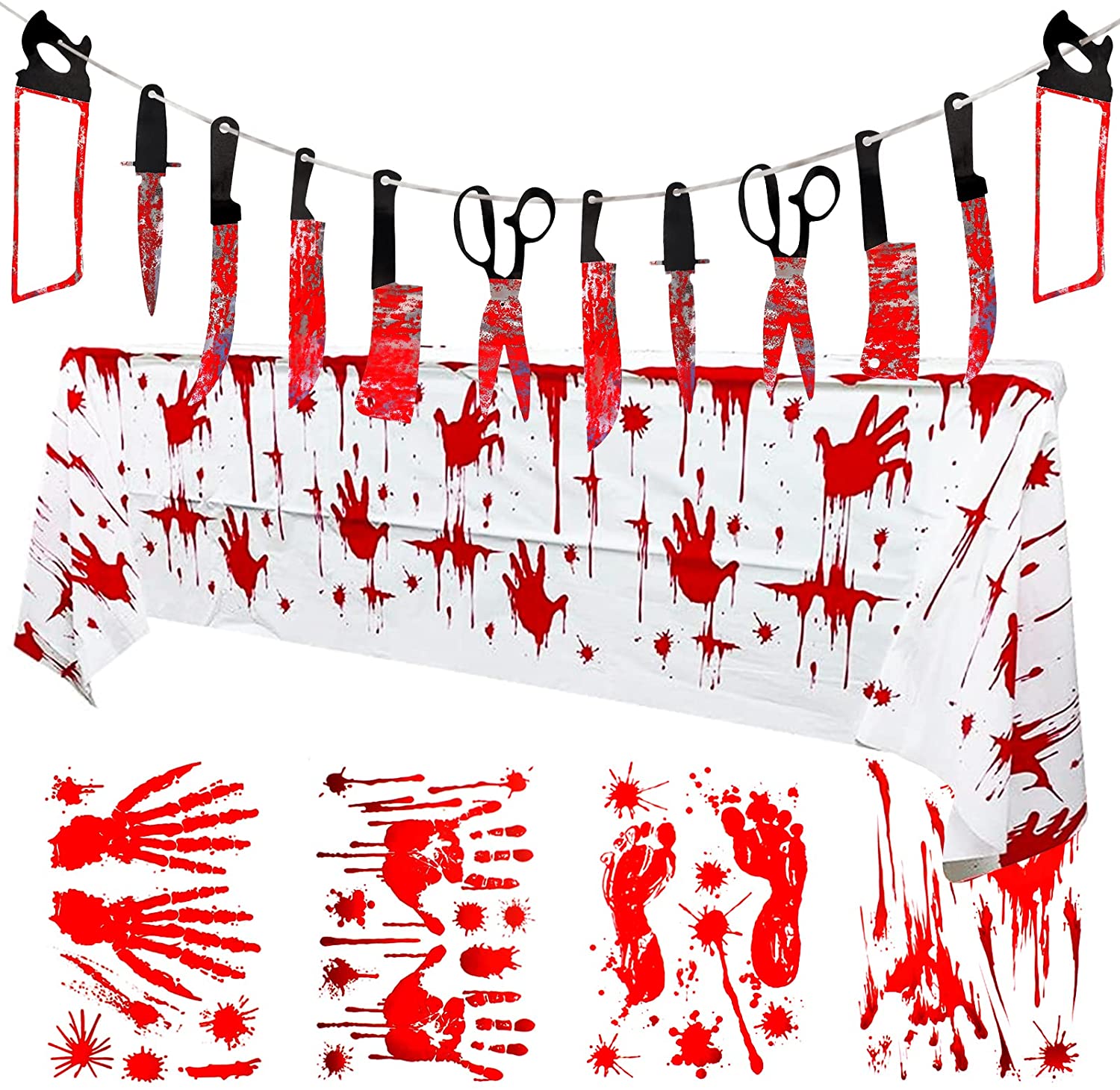 Halloween Bloody Decorations 6 Pieces Include Bloody Garland Banner Blood Splatter Tablecloth and 4 Pieces Bloody Handprints Footprints Window Stickers 