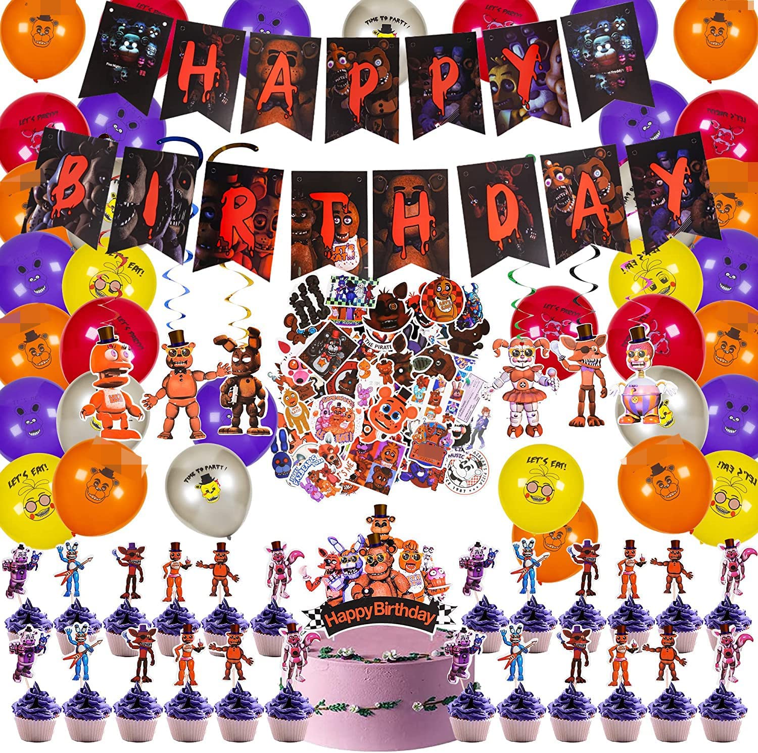 FNAF Backdrop Birthday Party Decorations Backdrop, Party Supplies Favors  for Kids with 12pcs Ballons and 50 pcs Stickers
