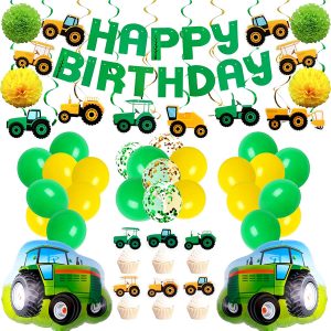green`tractor happy birthday banner garland for construction vehicle party decor 
