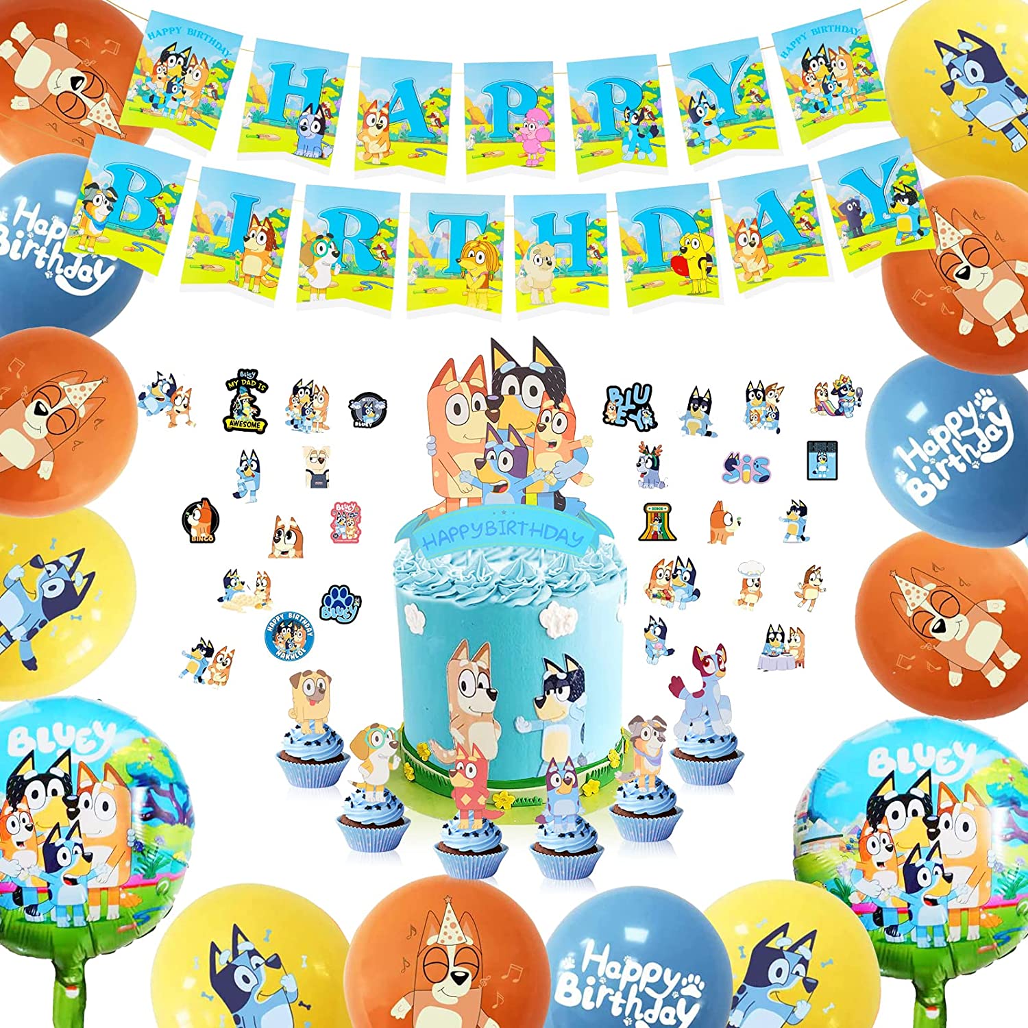 Bluey Birthday Party Supplies Bluey Party Decorations Bluey Birthday Banner Balloons Cake Cupcake Toppers Knifes Forks Spoons Tablecloth Plates Bluey Birthday Party Decor Baby Boys Girls Bday,Bluey Party Supplies 2nd Birthday。 