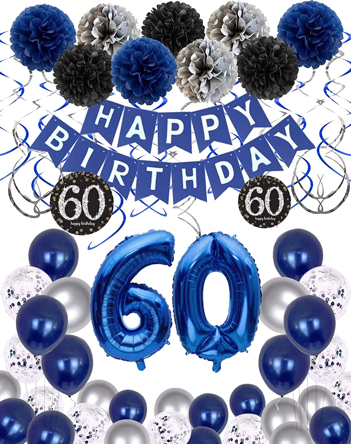 9ft Blue Glitz Happy 60th Birthday Foil Banner Mens 60 Party Decoration Silver 