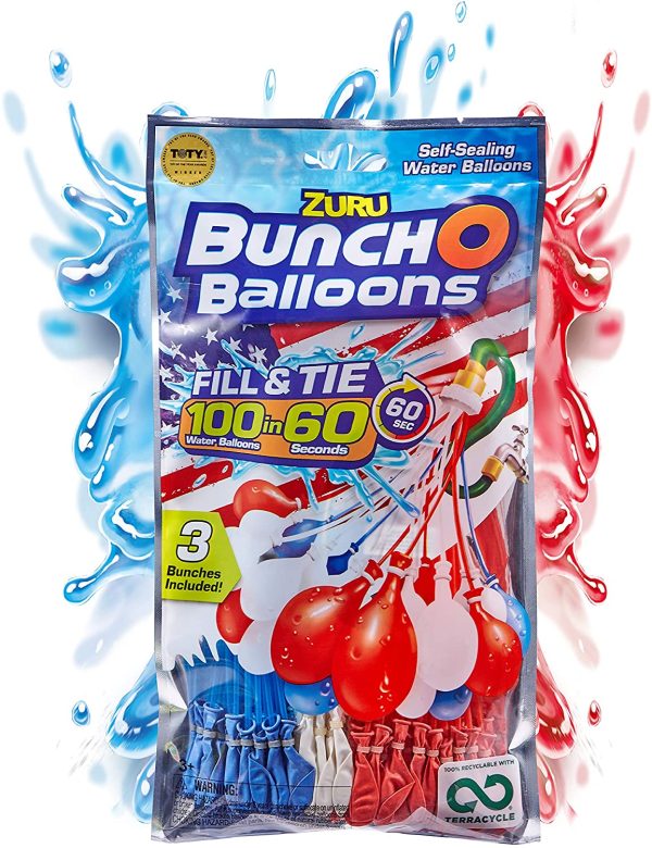 Zuru Bunch O Balloons Red White & Blue 100 Water Balloons BONUS Water Blaster 