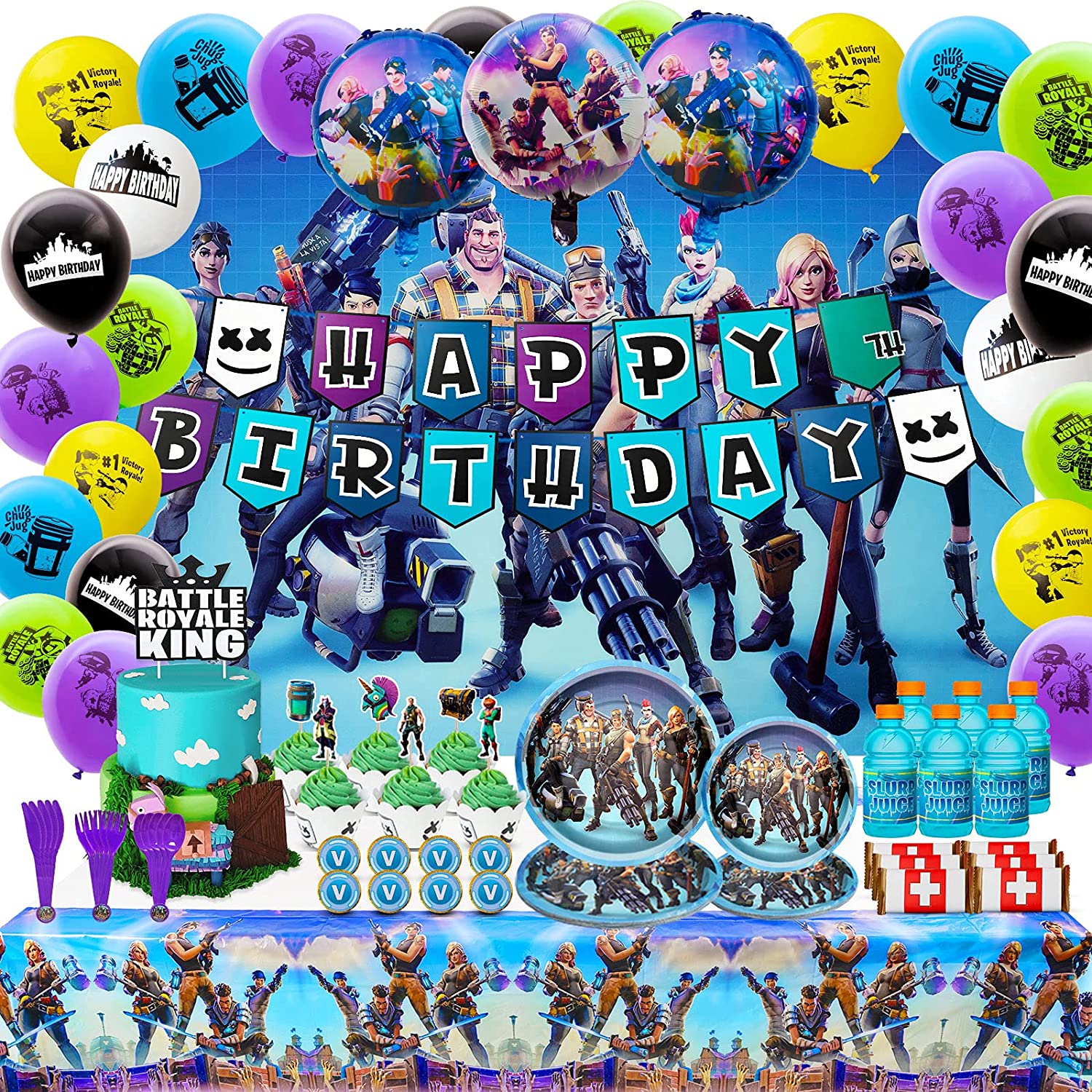 include Balloons Birthday Party Supplies for Game Fans Banner,Bracelets,Finger Lights,Stickers,Cake Toppers 123pcs Gaming Theme Party Decorations Cupcake Toppers 