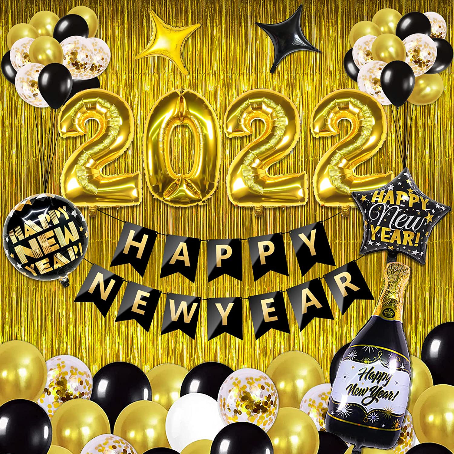 New Years Eve Party Supplies 2022-47 Pcs Happy New Year Decorations Kit,Includes Happy New Year Banner Gold Black Happy New Year Foil Balloons for Happy New Year Decorations 2022 Black Gold Happy New Year Decor 