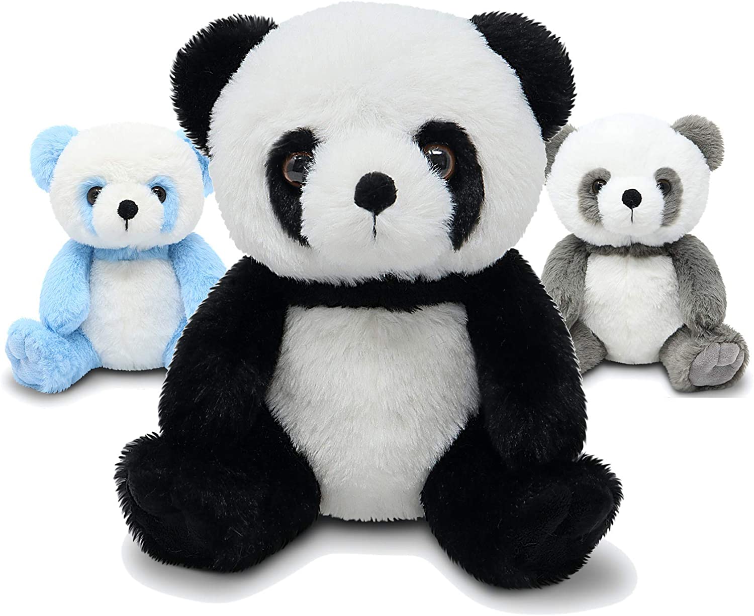 Fluffuns Panda Stuffed Animal - Stuffed Panda Bear Plush Toys - 9 Inches  3-Pack (Black, Blue & Gray)