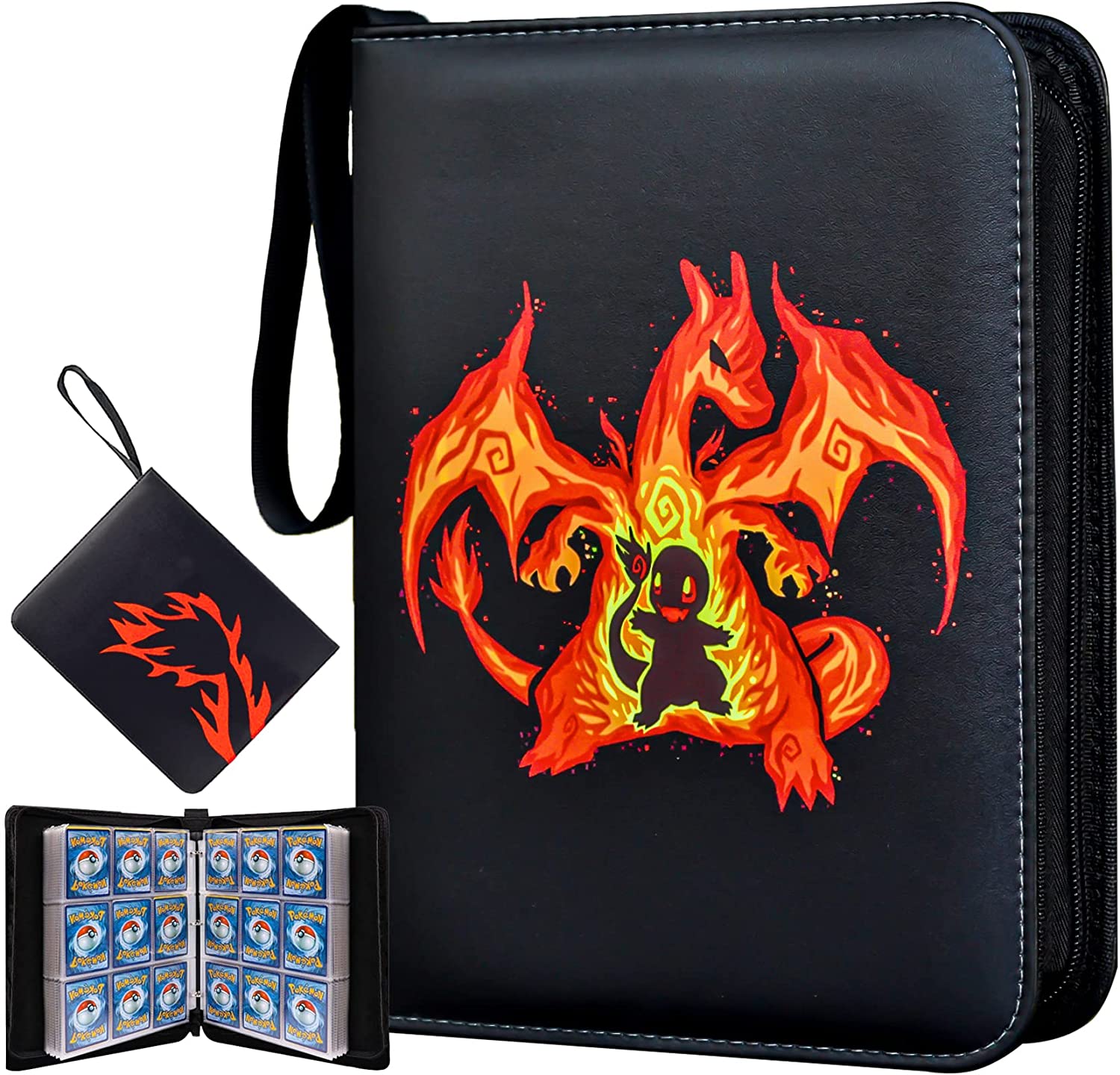 Trading Card Binder Display Storage Carrying Case-Fire Dragon Card Binder for Pokemon Cards,9-Pockets fits up to 900 Cards Collector Album Holder Book with 50 Removable Sleeves 