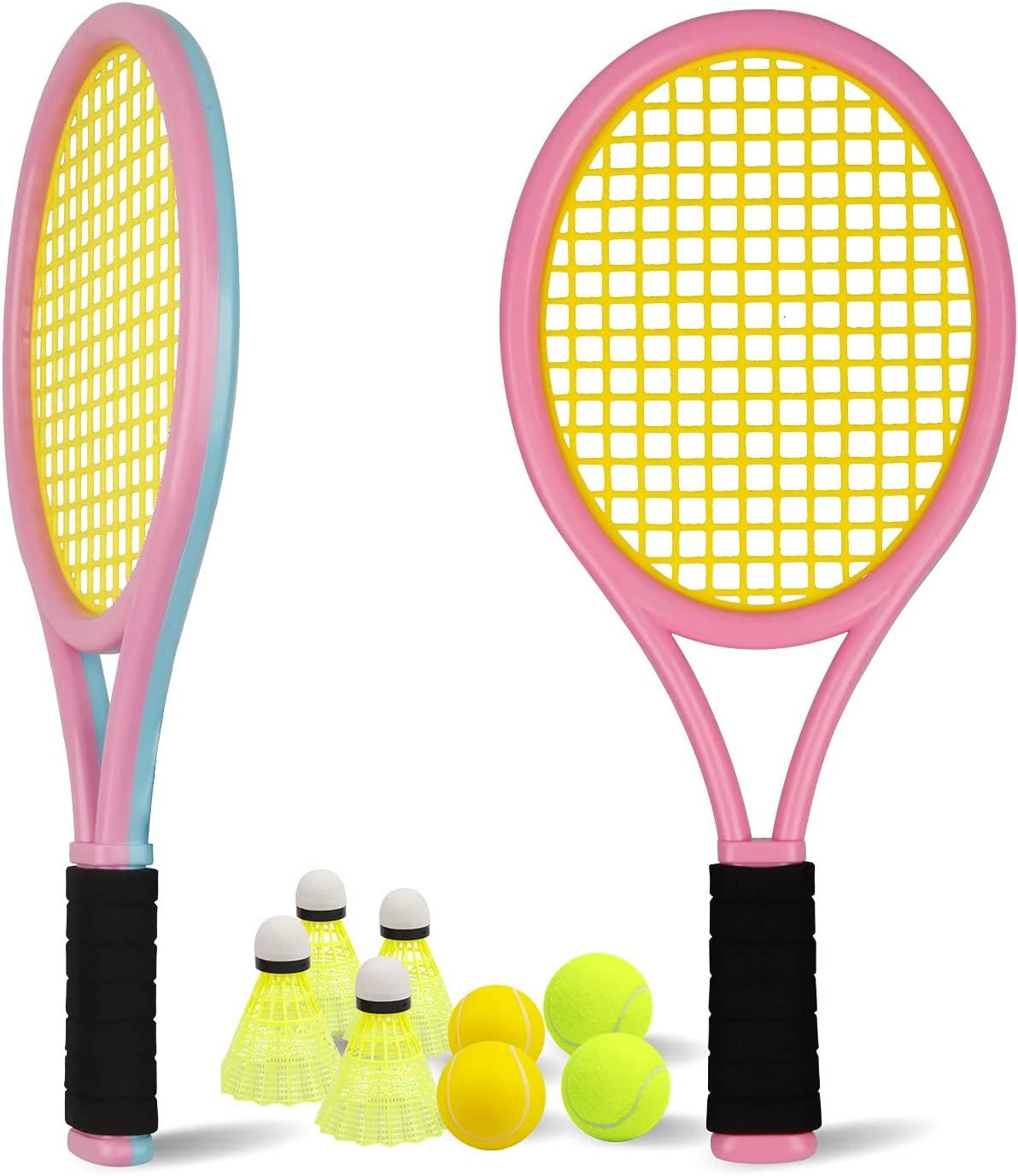 Crefotu Tennis Racket For Kid,Sponge Handle, Include 2 Soft Balls,2 Tennis Balls And 4 Badminton Balls,Tennis Racquet For Toddler (2+ Years Old)